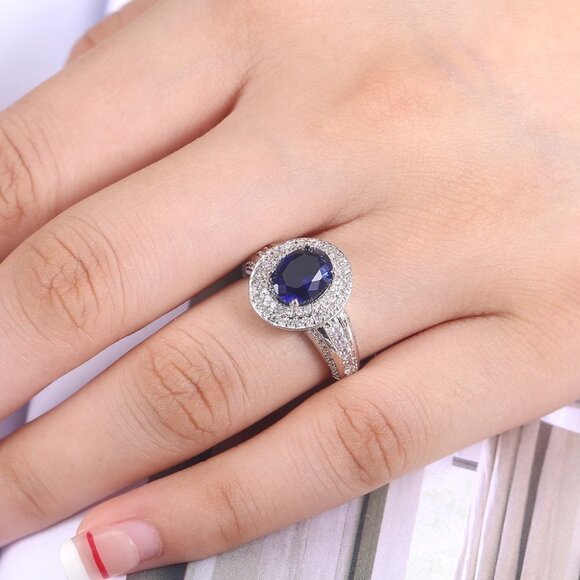 ▶Dark Blue Oval Cut Fashion Rings for Women, F125 - Picture 5 of 6
